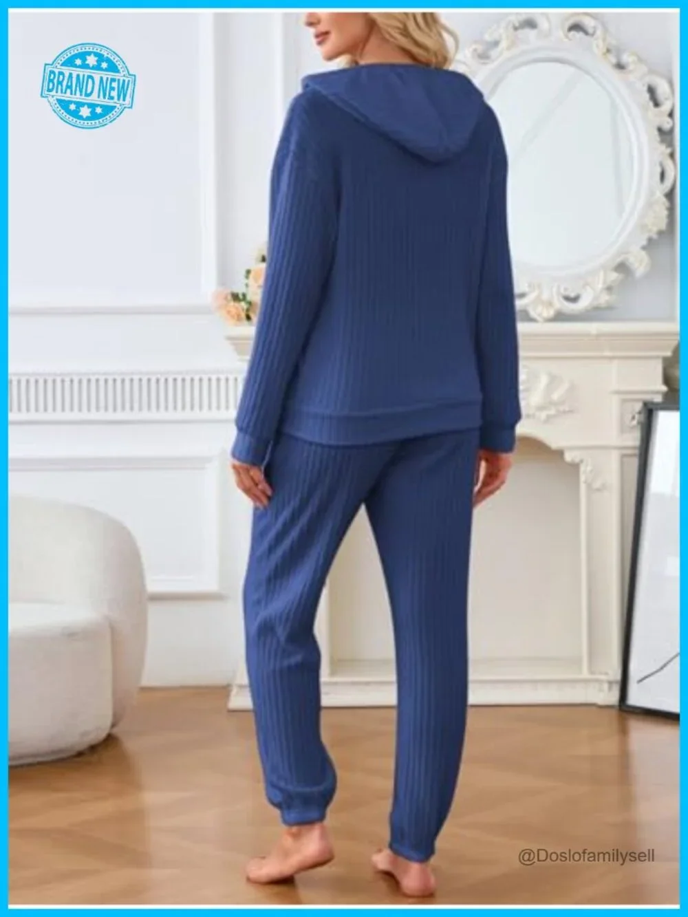 Ribbed Knit Matching Pajama Set with Hoodie & Joggers Pockets
